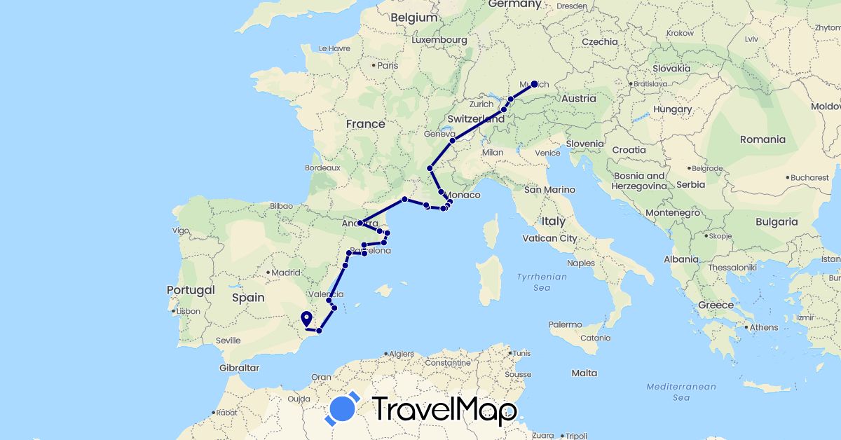TravelMap itinerary: driving in Andorra, Austria, Germany, Spain, France (Europe)